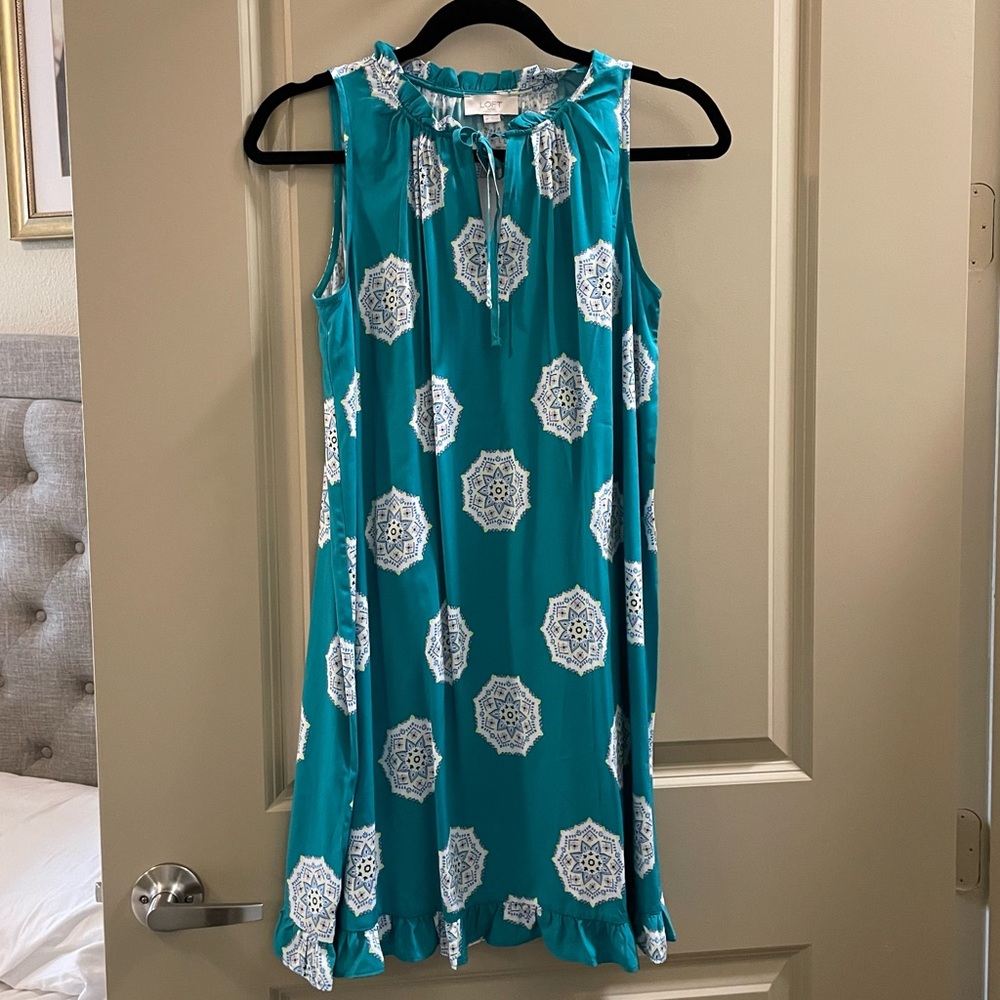 Loft Teal/Turquoise Patterned Dress